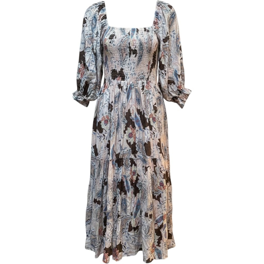 Fab'rik Midi Dress Womens L Multicolor Paisley Smocked Tiered Boho Puff Sleeve